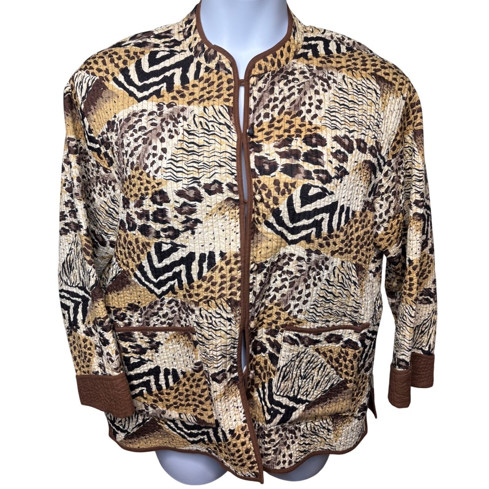 ORVIS Womens Brown Animal Print Patchwork Quilted Jacket L Boho Artsy Maximalist